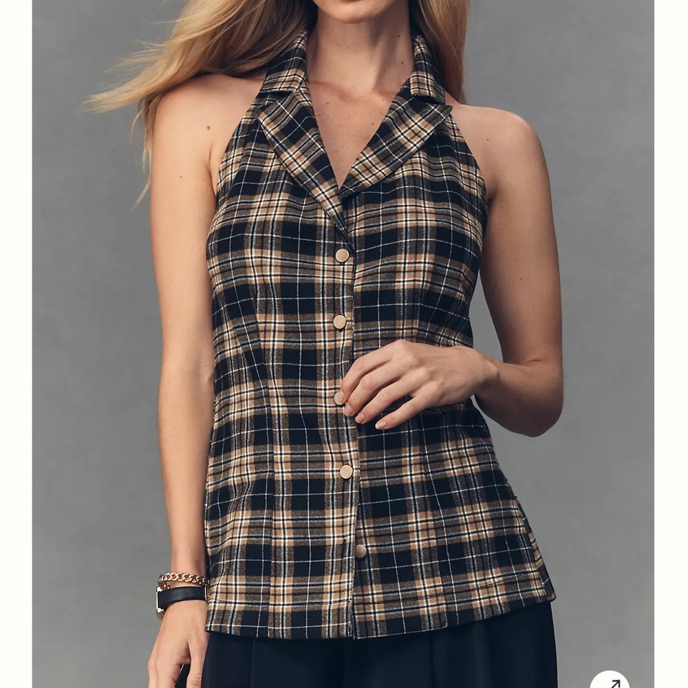 Anthropologie Black and Tan Plaid Halter Button-Front Top